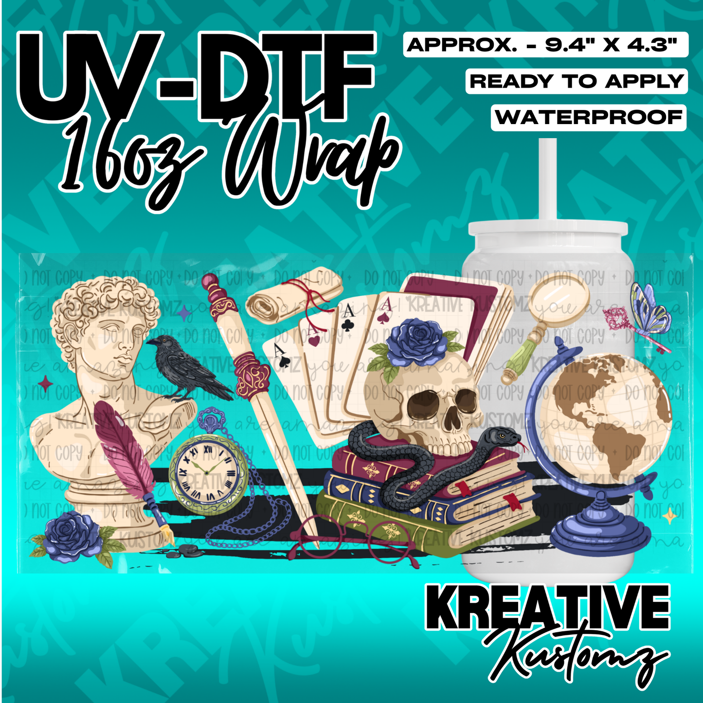 A dark academia themed UV DTF adhesive wrap for 16oz glass cups featuring a skull, books, and globe.