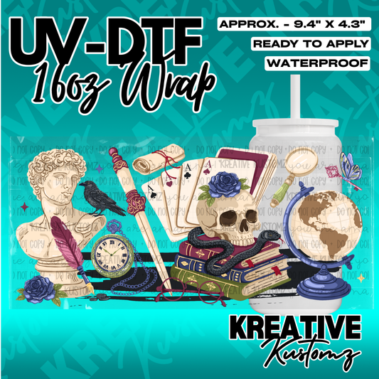 A dark academia themed UV DTF adhesive wrap for 16oz glass cups featuring a skull, books, and globe.
