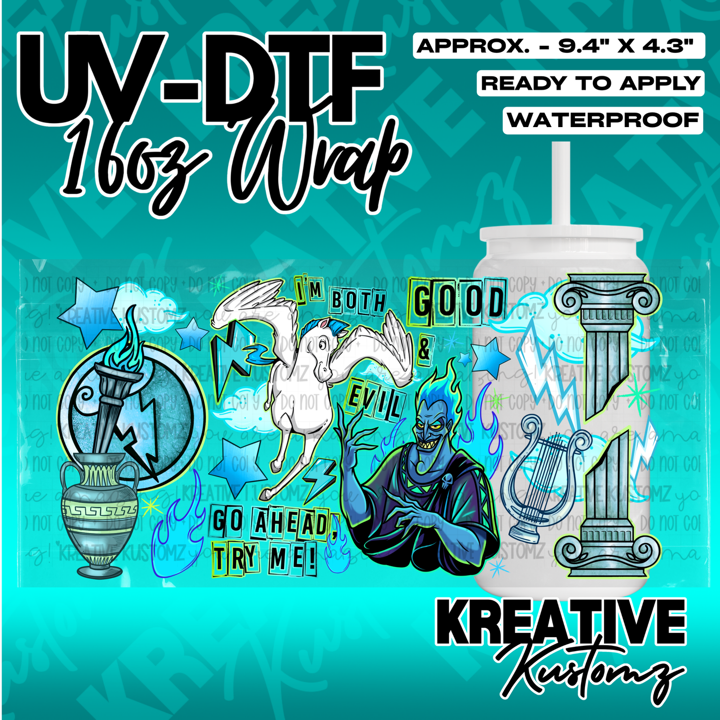 A UV DTF adhesive wrap for 16oz glass cans featuring a Hades and Pegasus theme.