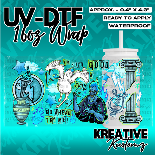 A UV DTF adhesive wrap for 16oz glass cans featuring a Hades and Pegasus theme.