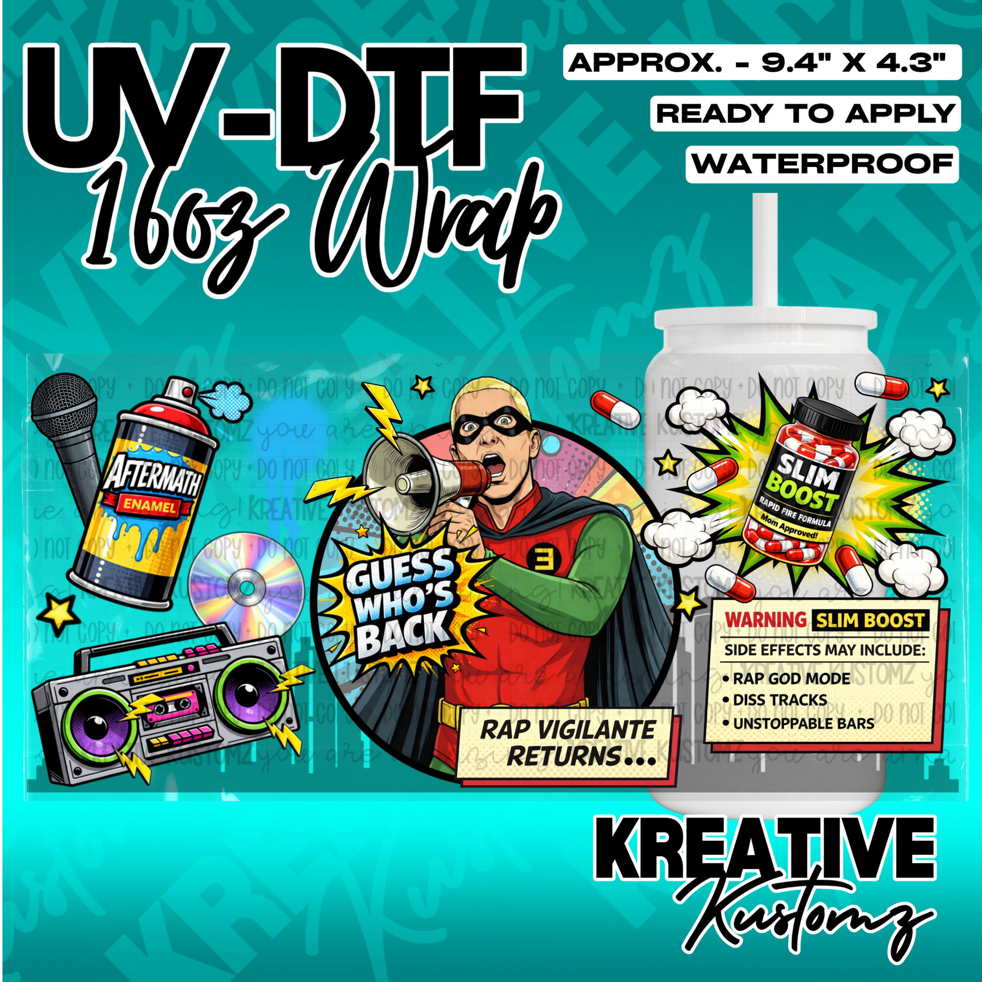 A colorful UV DTF cup wrap featuring a comic book style design with a superhero and music themes.