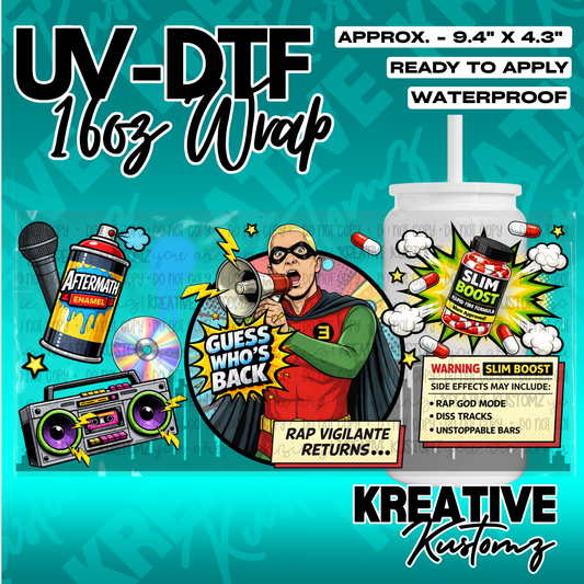 A colorful UV DTF cup wrap featuring a comic book style design with a superhero and music themes.