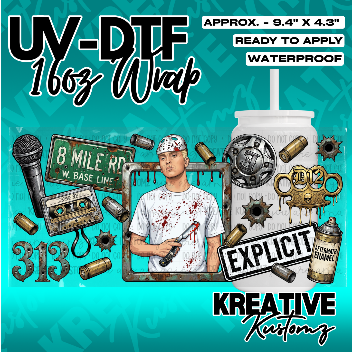 A UV DTF adhesive wrap for 16oz glass cans featuring an Eminem-themed design.