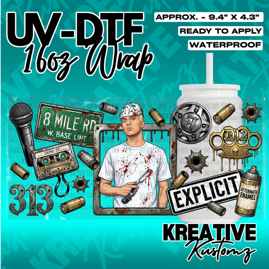 A UV DTF adhesive wrap for 16oz glass cans featuring an Eminem-themed design.