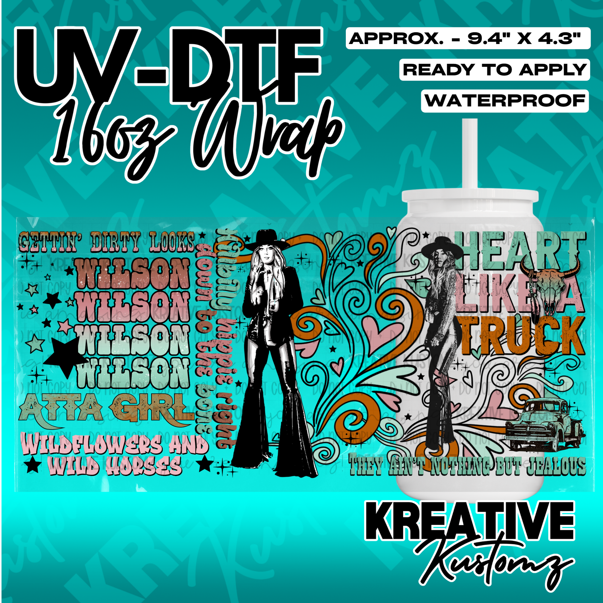 A vibrant UV DTF adhesive wrap for a 16oz glass can featuring country-themed graphics and text.