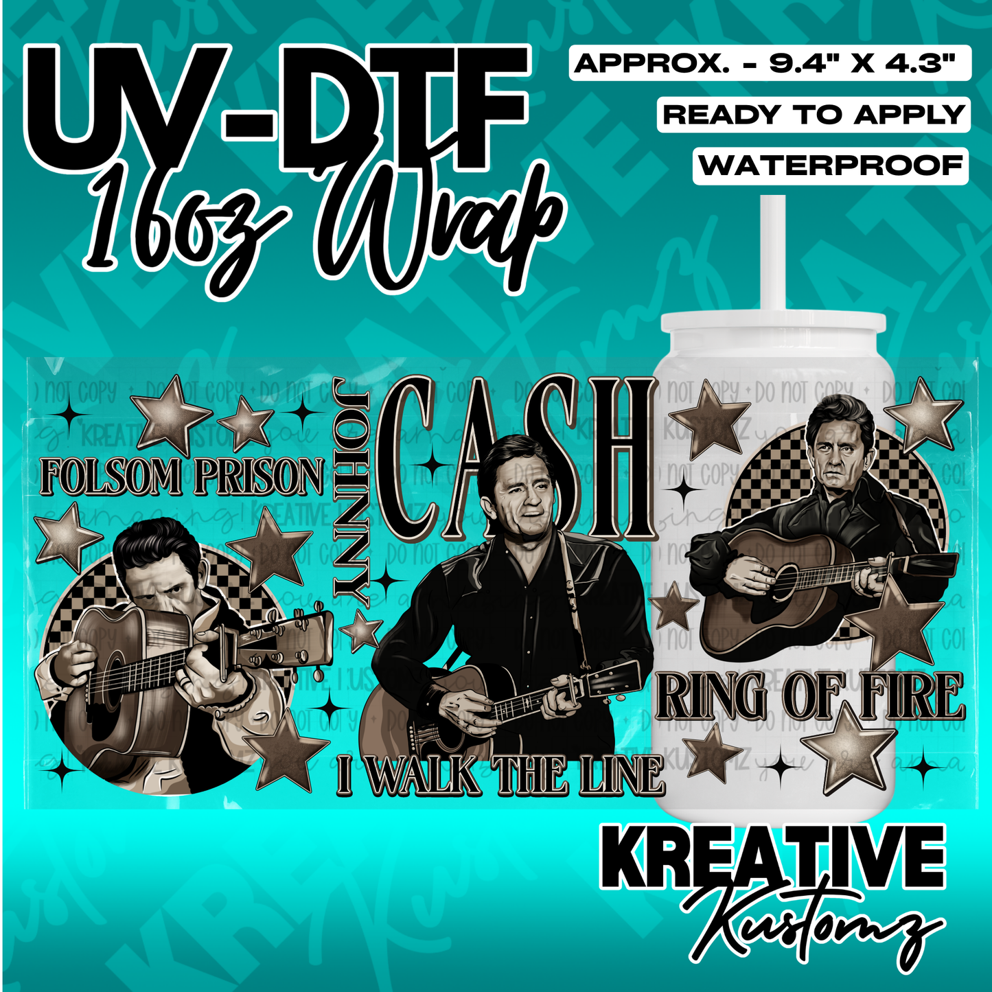 A Johnny Cash themed UV DTF adhesive wrap for a 16oz glass cup featuring guitar illustrations.