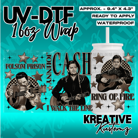 A Johnny Cash themed UV DTF adhesive wrap for a 16oz glass cup featuring guitar illustrations.