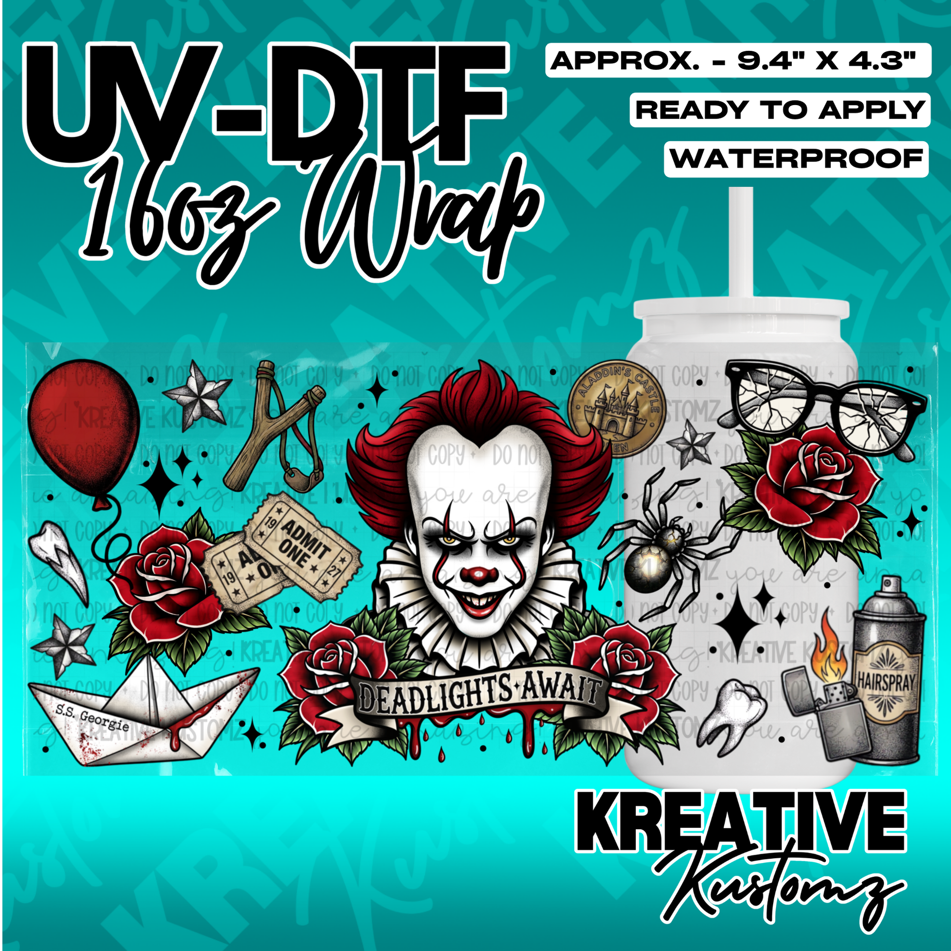 A Pennywise themed UV DTF adhesive wrap for a 16oz glass cup featuring horror movie icons.