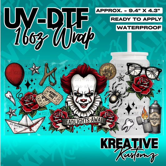 A Pennywise themed UV DTF adhesive wrap for a 16oz glass cup featuring horror movie icons.