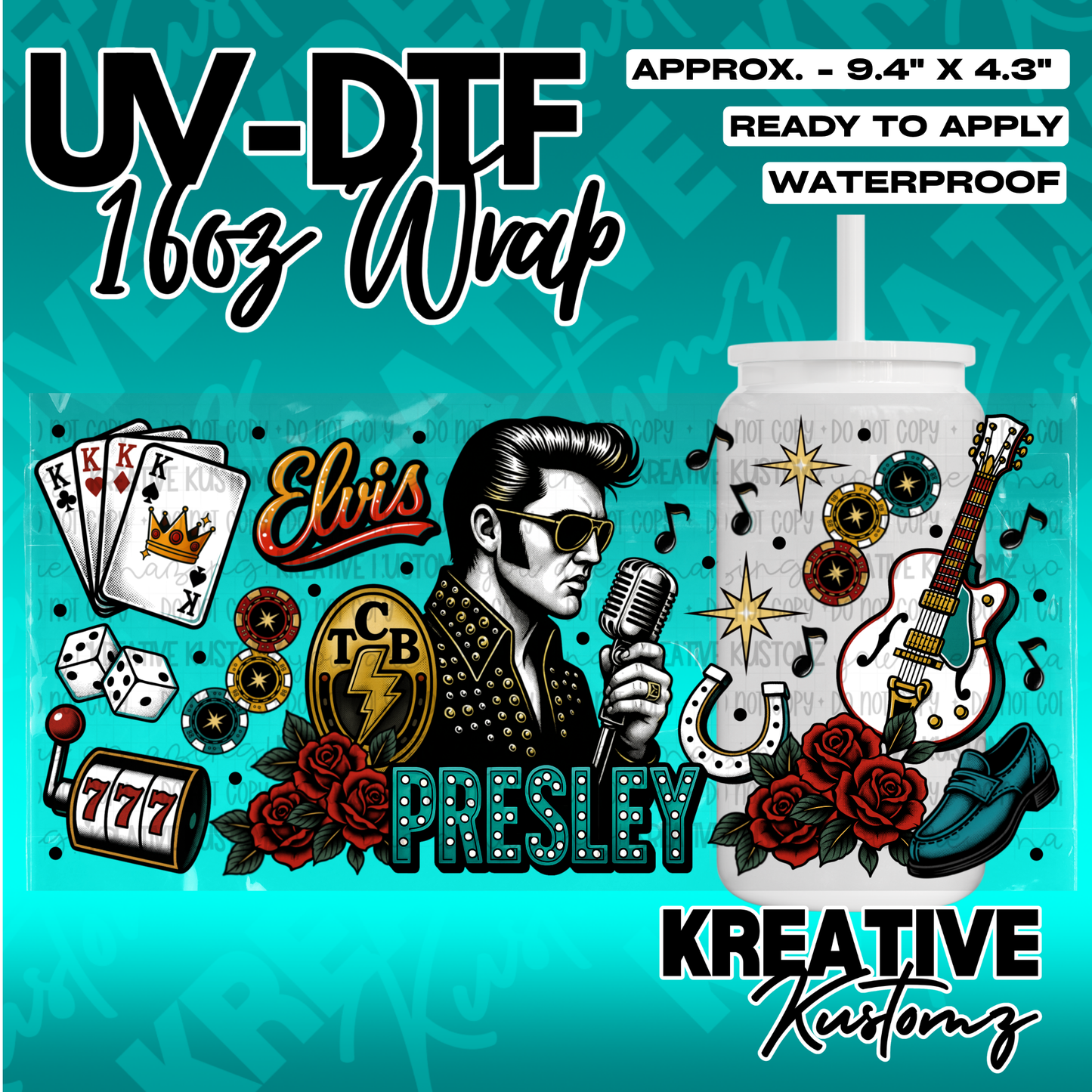 An Elvis Presley themed UV DTF adhesive wrap for a 16oz glass cup featuring musical motifs.