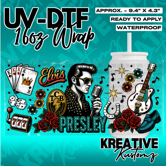 An Elvis Presley themed UV DTF adhesive wrap for a 16oz glass cup featuring musical motifs.