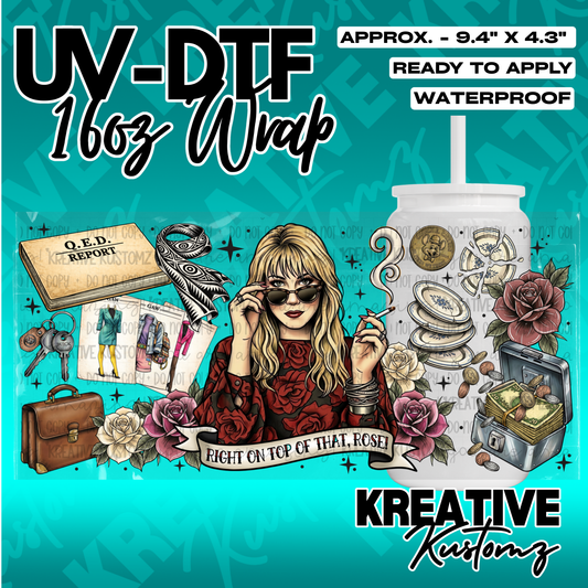A UV DTF adhesive wrap for 16oz glass cans featuring a woman, roses, and various accessories.