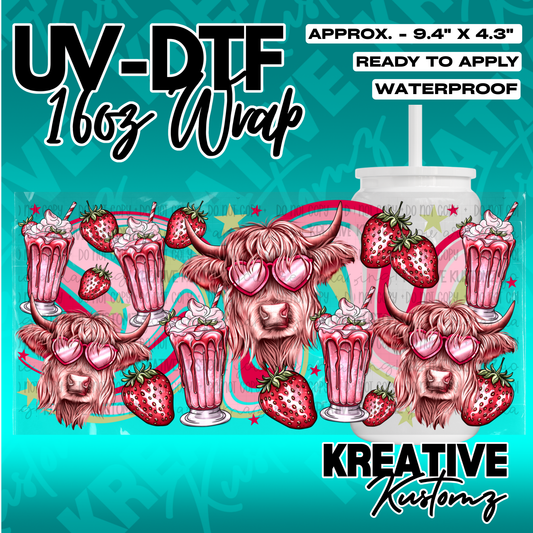 A UV DTF adhesive wrap for 16oz glass cans featuring highland cows, strawberries, and milkshakes.