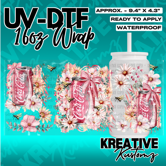 A floral and bee-themed Coca-Cola can wrap design for a 16oz glass cup.