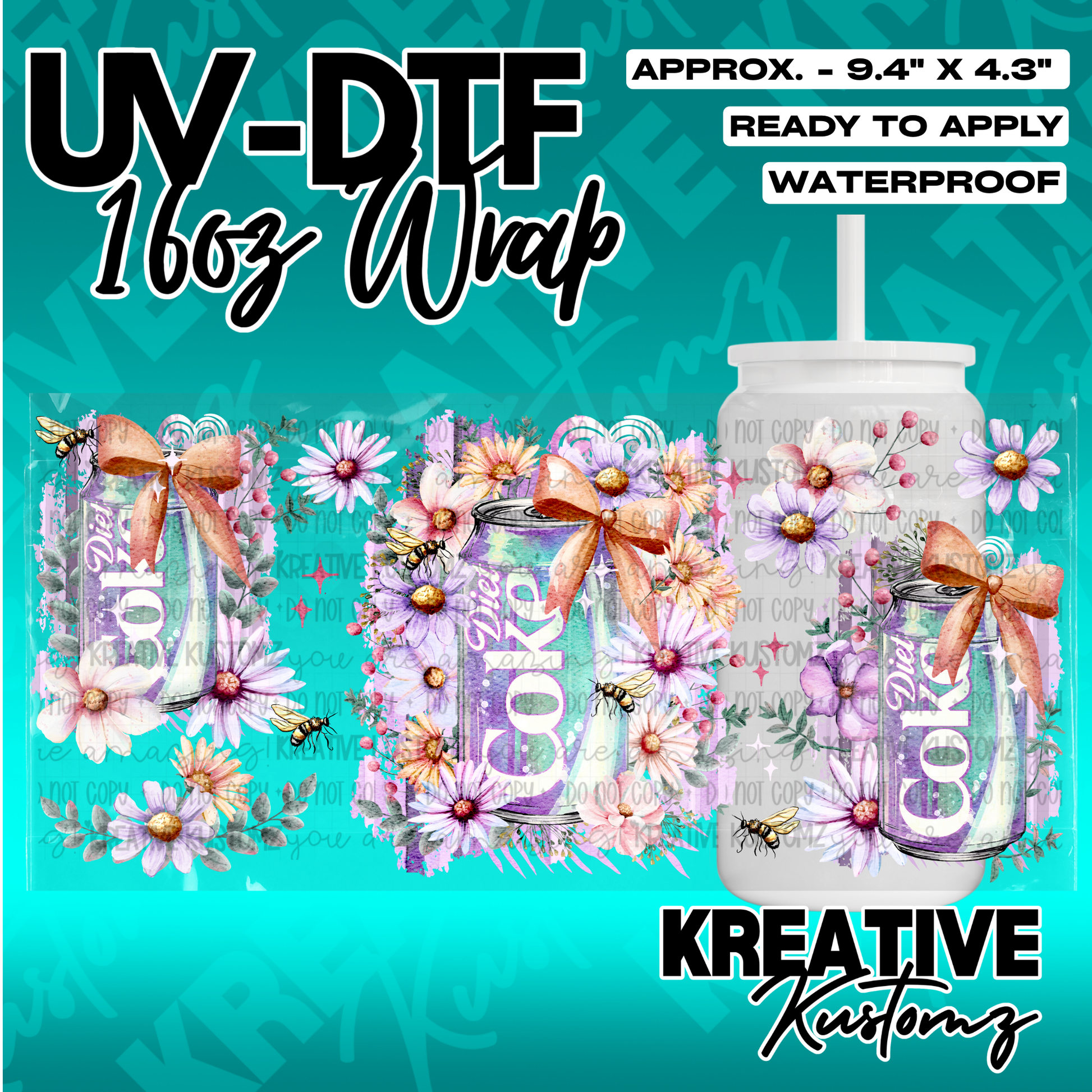 A floral UV DTF adhesive wrap for 16oz glass cans featuring Diet Coke cans and bees.