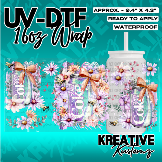A floral UV DTF adhesive wrap for 16oz glass cans featuring Diet Coke cans and bees.