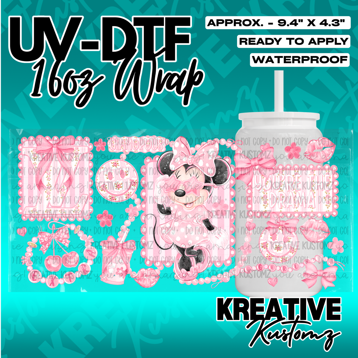 A pink Minnie Mouse themed UV DTF adhesive wrap for a 16oz glass cup.