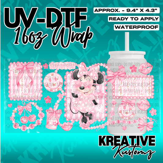 A pink Minnie Mouse themed UV DTF adhesive wrap for a 16oz glass cup.