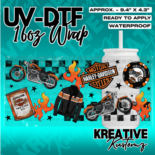 A Harley-Davidson themed UV DTF cup wrap featuring motorcycles, flames, and logos.