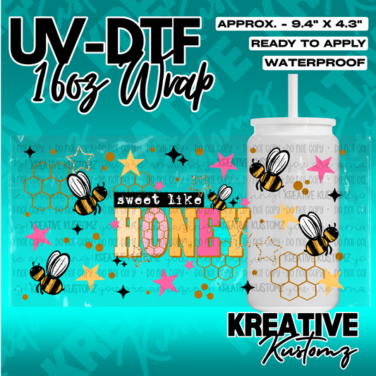 A bee-themed UV DTF adhesive wrap for 16oz glass cans featuring honeycombs and stars.