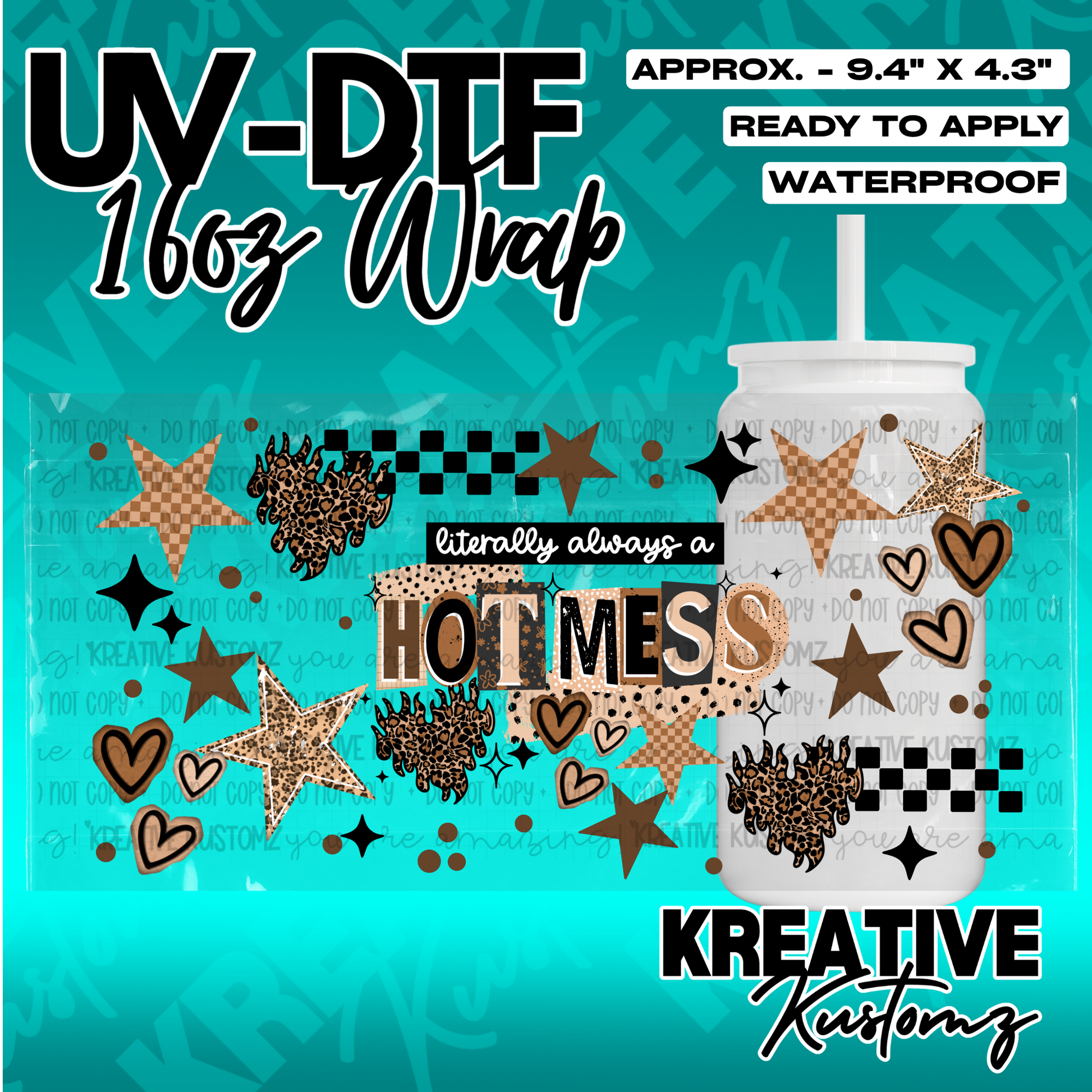 A UV DTF adhesive cup wrap featuring a brown and black leopard print and checkered design.