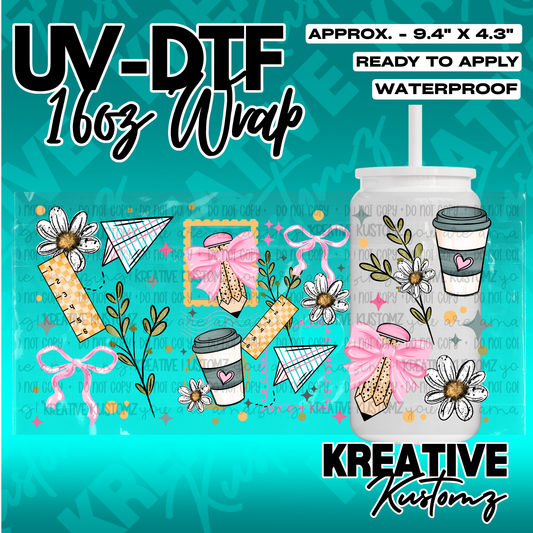 A school-themed UV DTF adhesive wrap for 16oz glass cans featuring pencils, rulers, and flowers.