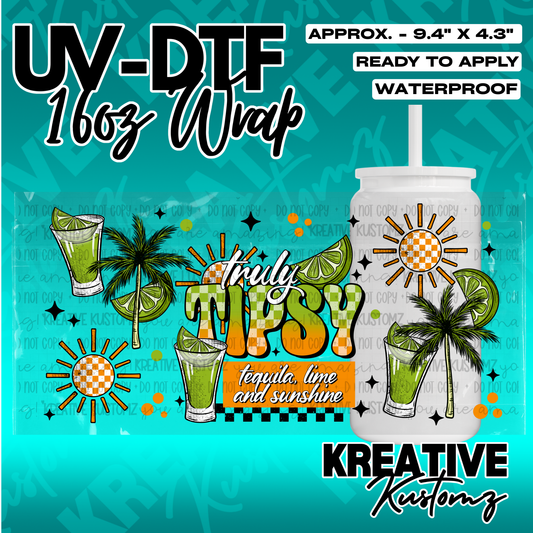 A UV DTF adhesive wrap for 16oz glass cans featuring a tequila, lime, and sunshine theme.