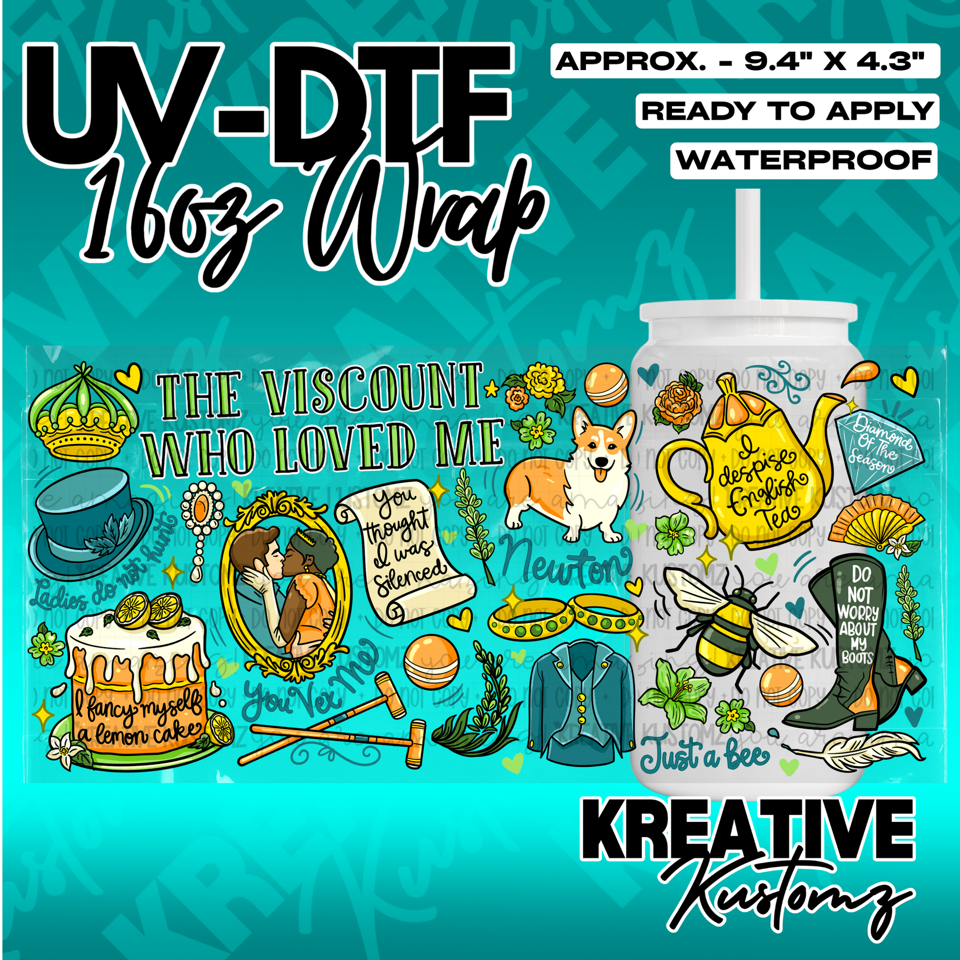 A Bridgerton themed UV DTF adhesive wrap for a 16oz glass cup featuring various colorful icons.