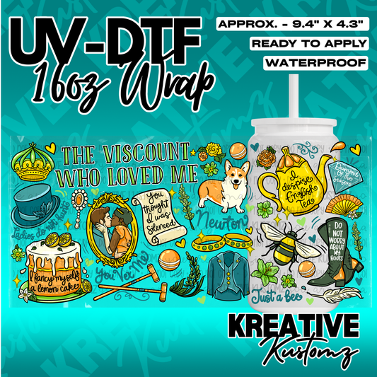A Bridgerton themed UV DTF adhesive wrap for a 16oz glass cup featuring various colorful icons.