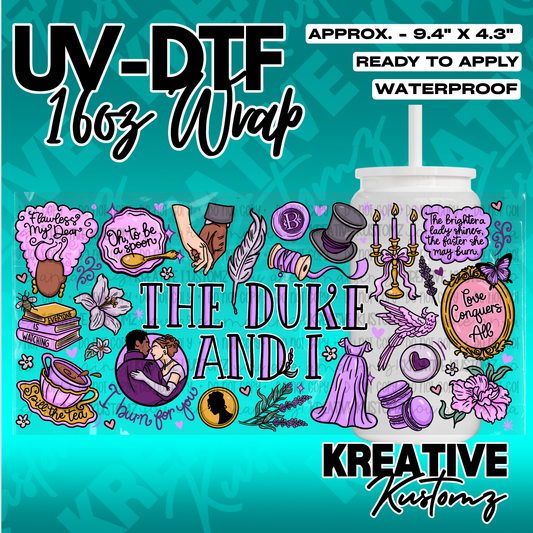 A vibrant Bridgerton-themed UV DTF adhesive wrap for 16oz glass cans featuring purple motifs.