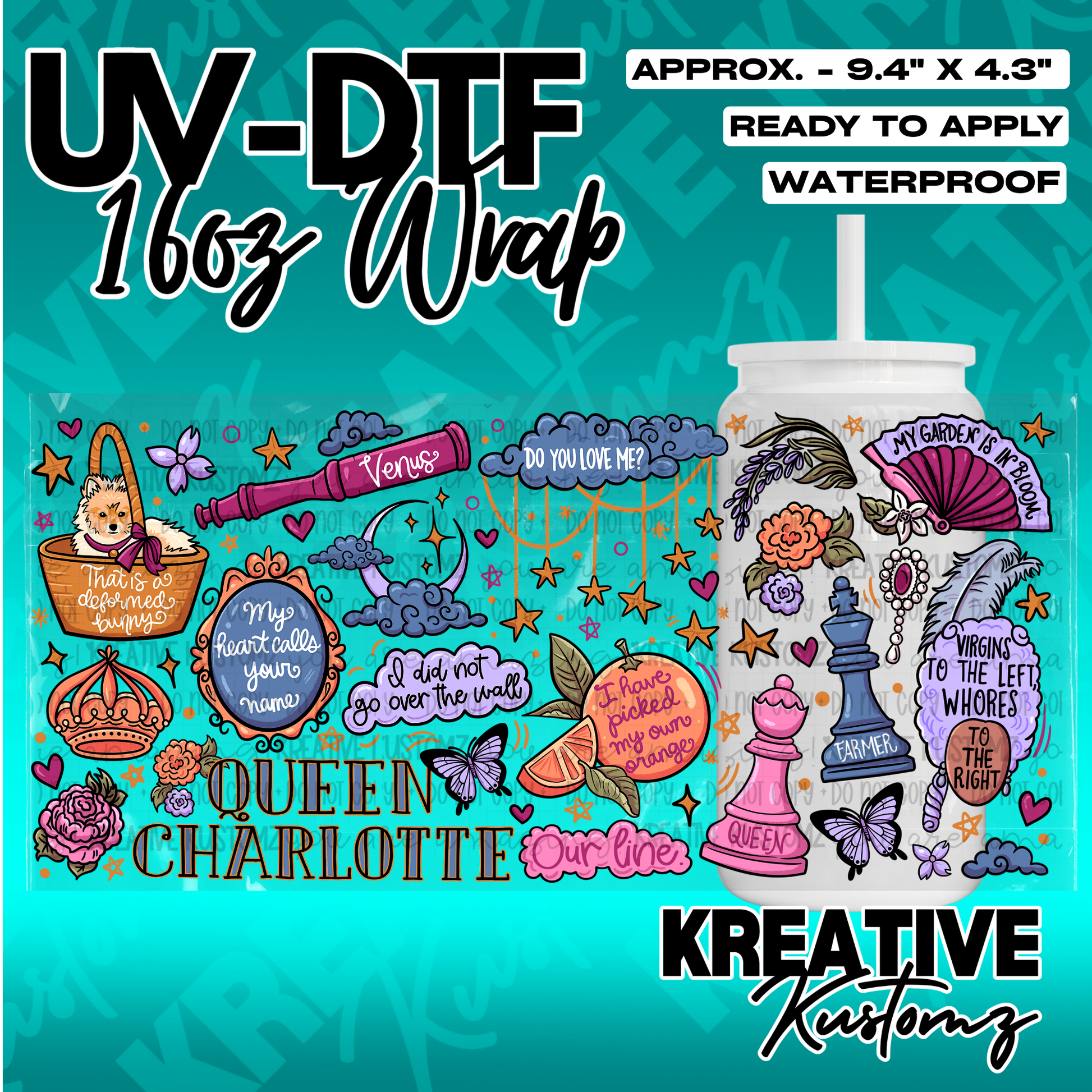 A vibrant UV DTF wrap for a 16oz glass can featuring various Bridgerton-themed illustrations.