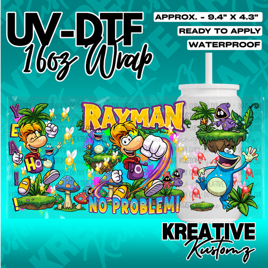 A Rayman themed UV DTF adhesive wrap for a 16oz glass cup featuring colorful character graphics.