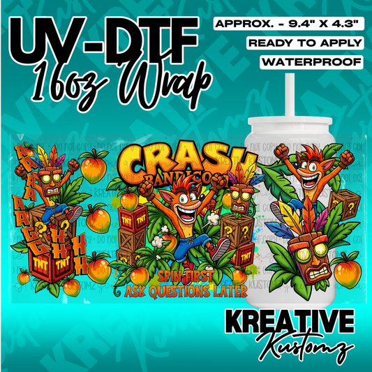 A Crash Bandicoot themed UV DTF adhesive wrap for a 16oz glass can.