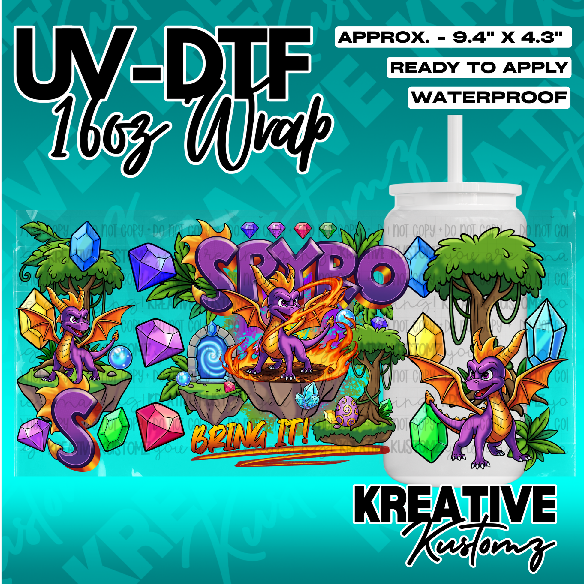 A Spyro the Dragon themed UV DTF adhesive wrap for a 16oz glass can.