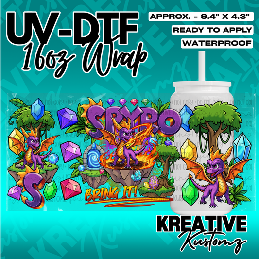 A Spyro the Dragon themed UV DTF adhesive wrap for a 16oz glass can.