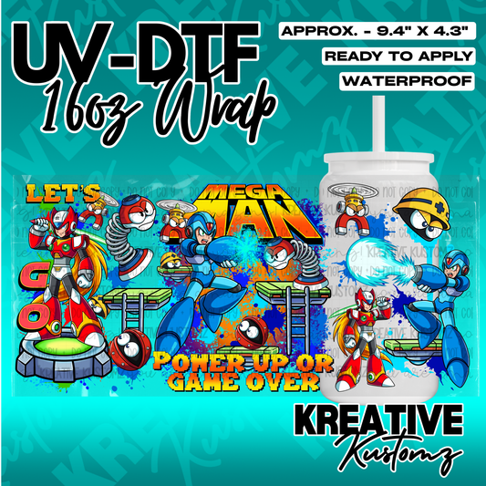 A Mega Man themed UV DTF wrap for a 16oz glass cup featuring colorful character illustrations.