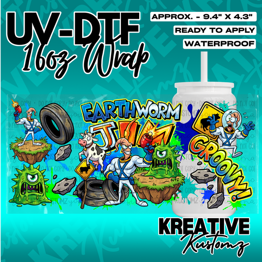 An Earthworm Jim themed UV DTF adhesive wrap for a 16oz glass cup.