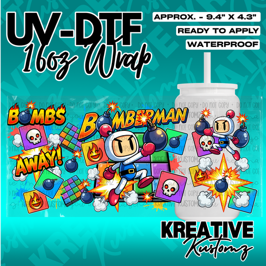 A Bomberman themed UV DTF adhesive wrap for a 16oz glass cup featuring character and bomb graphics.