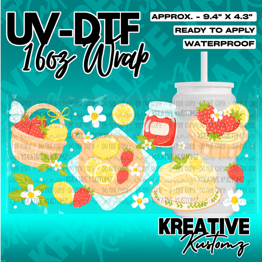 A strawberry and lemon themed UV DTF wrap for a 16oz glass cup.
