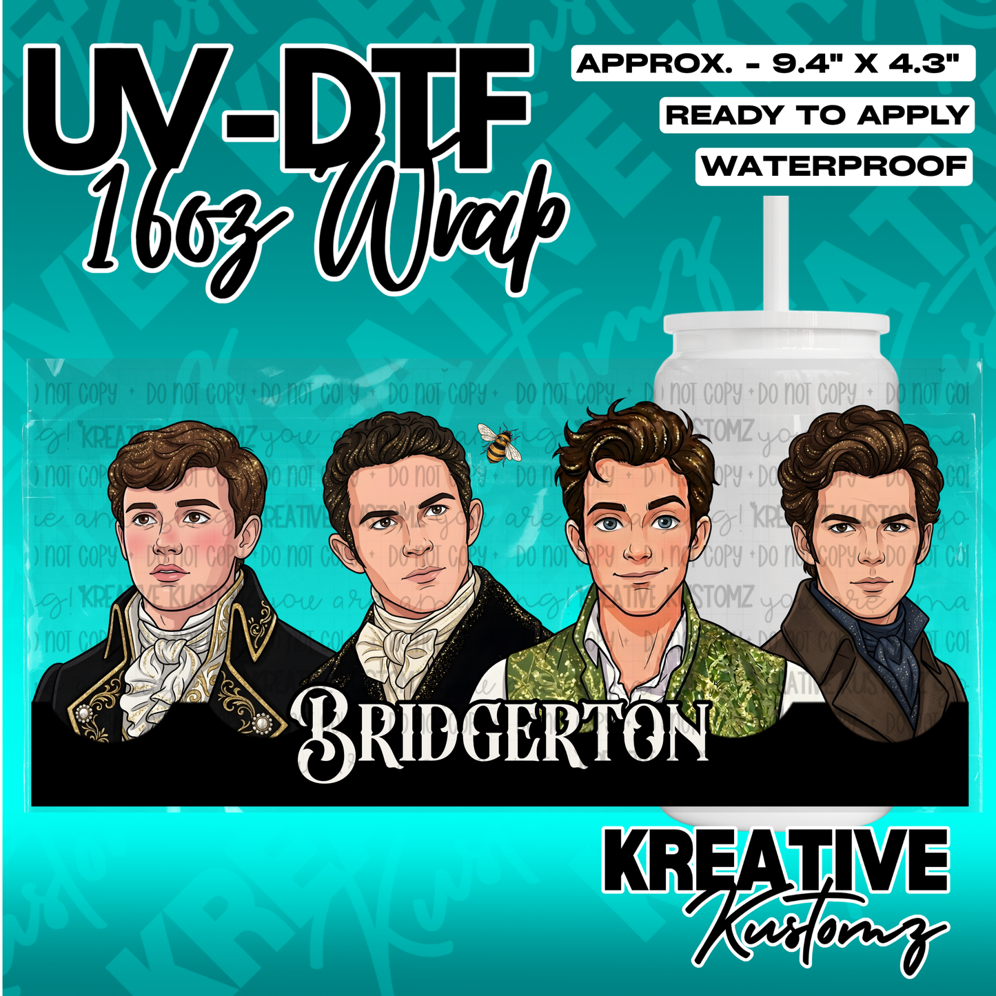 A UV DTF cup wrap featuring four illustrated Bridgerton characters and a bee icon.