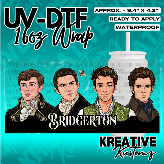 A UV DTF cup wrap featuring four illustrated Bridgerton characters and a bee icon.