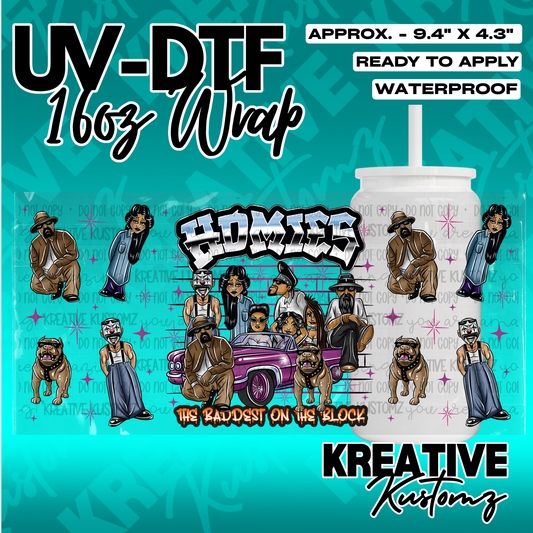 A UV DTF adhesive wrap for 16oz glass cans featuring a Homies themed design with characters.