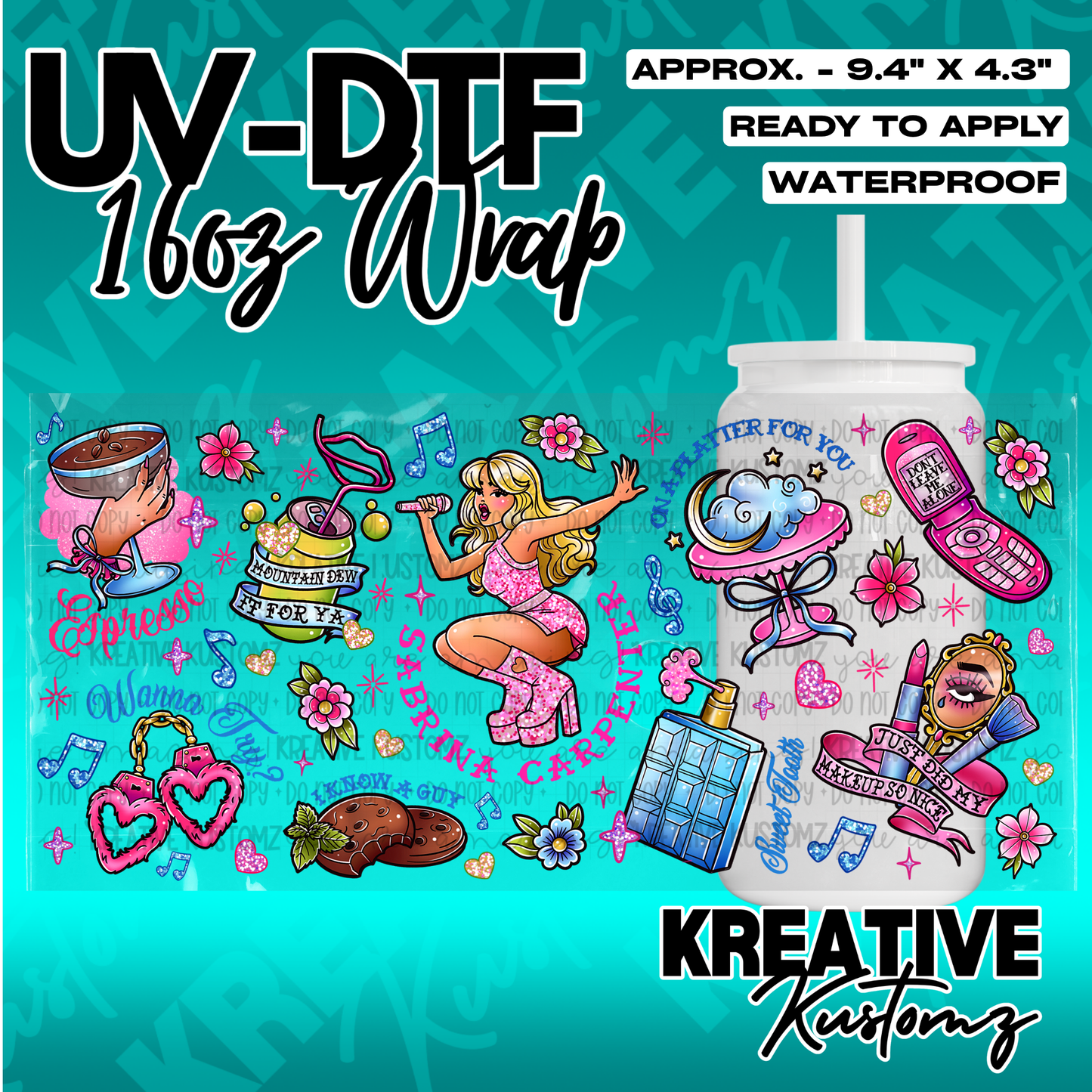 A UV DTF adhesive wrap for 16oz glass cans featuring Sabrina Carpenter themed illustrations.
