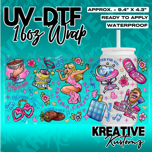 A UV DTF adhesive wrap for 16oz glass cans featuring Sabrina Carpenter themed illustrations.