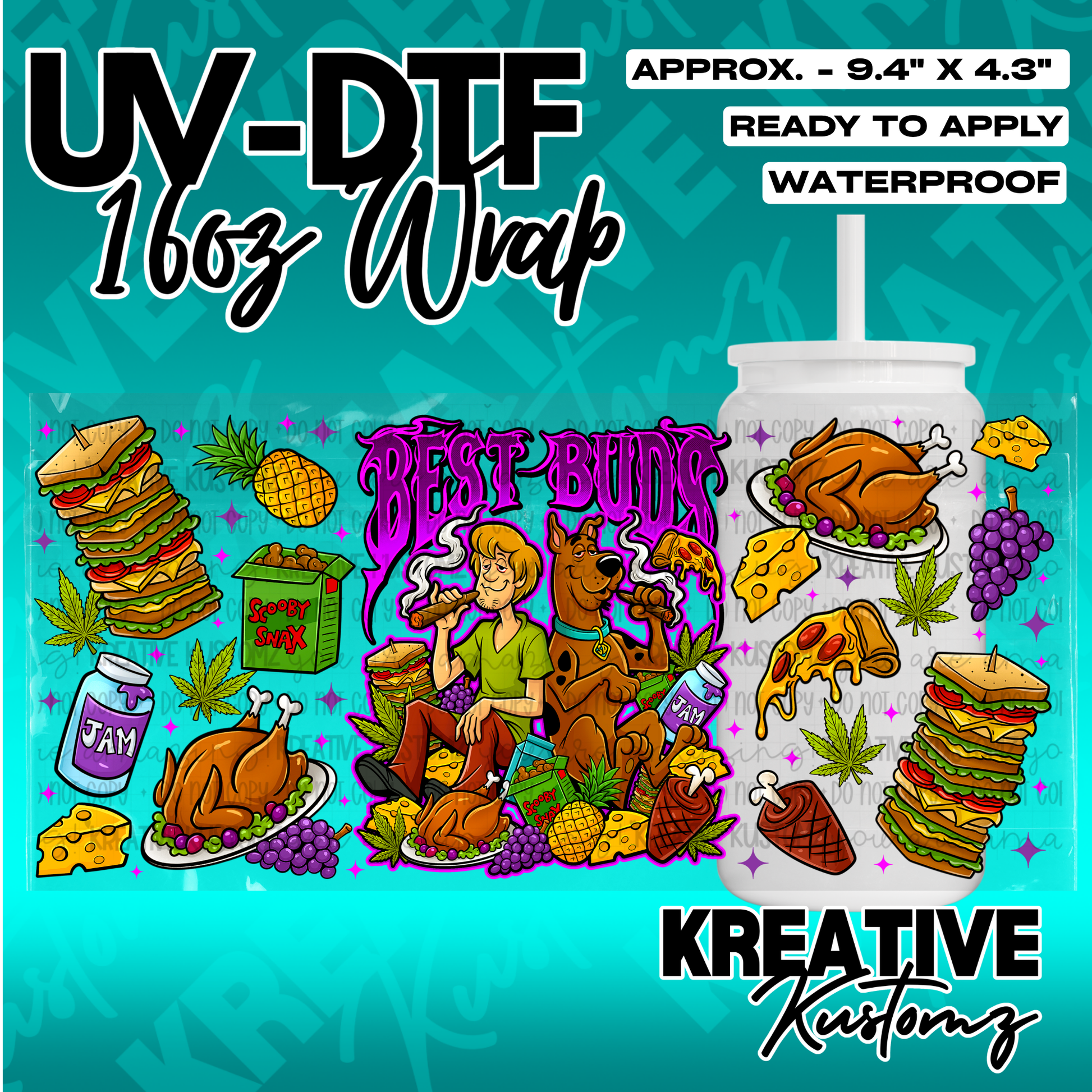 A UV DTF wrap for a 16oz glass can featuring Shaggy and Scooby-Doo with food and snacks.