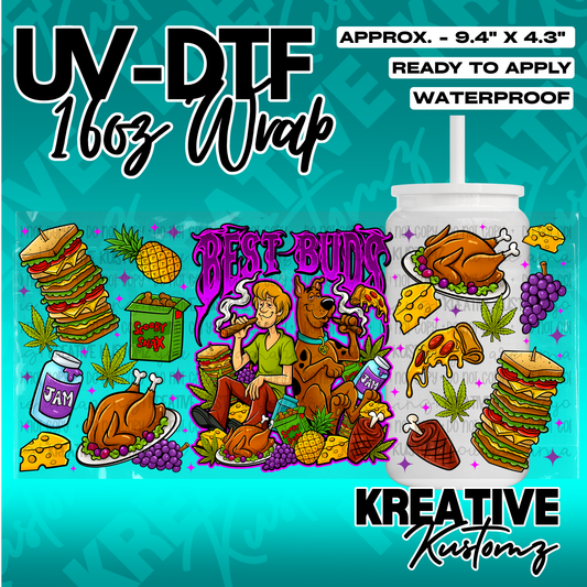 A UV DTF wrap for a 16oz glass can featuring Shaggy and Scooby-Doo with food and snacks.