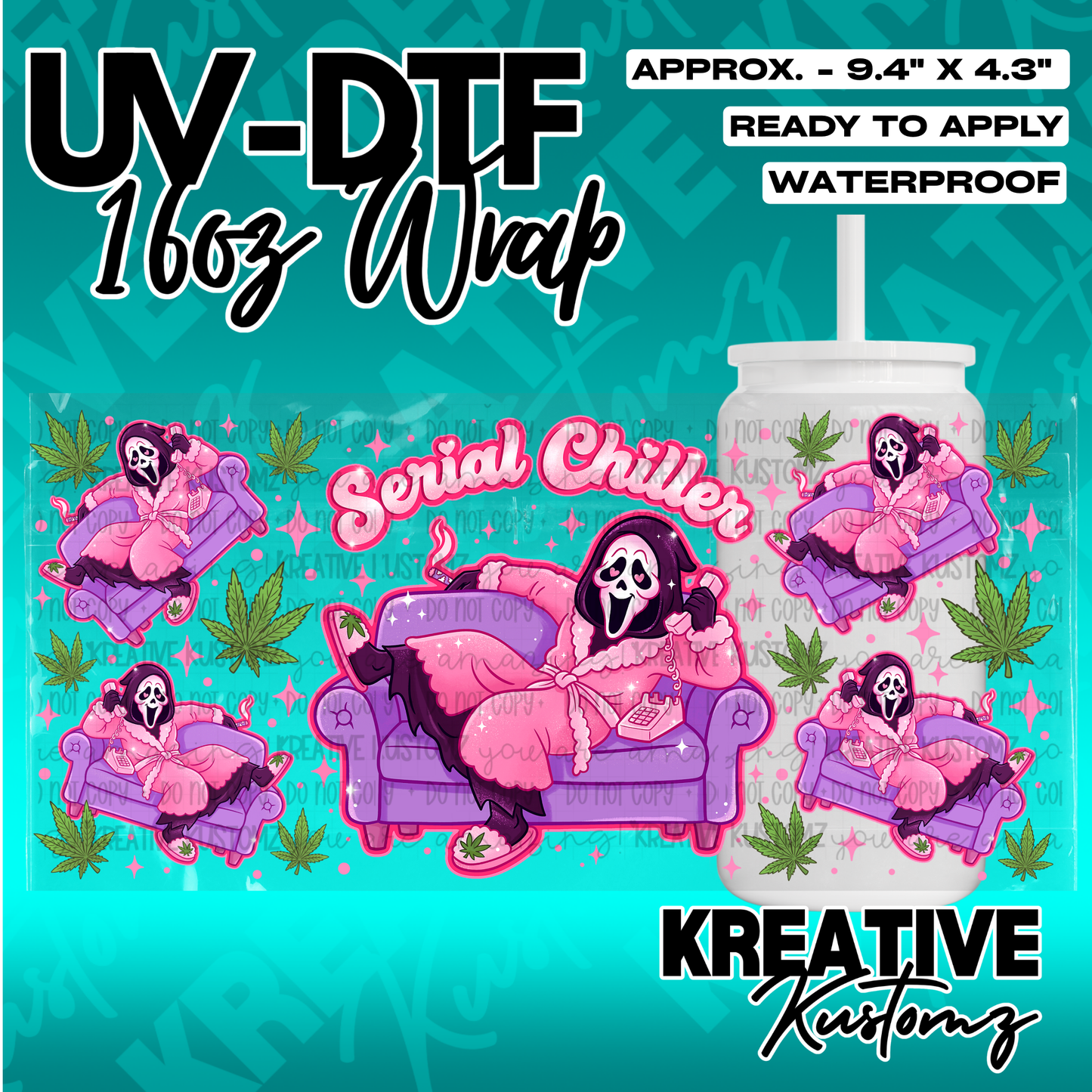 A UV DTF adhesive wrap for 16oz glass cans featuring a Ghostface character on a couch.