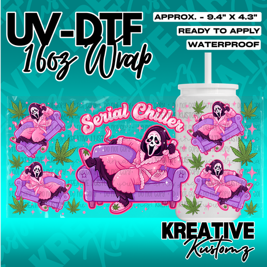 A UV DTF adhesive wrap for 16oz glass cans featuring a Ghostface character on a couch.