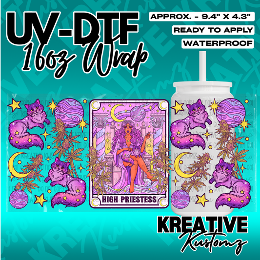A UV DTF adhesive wrap for a 16oz glass cup featuring a High Priestess tarot card and cat design.