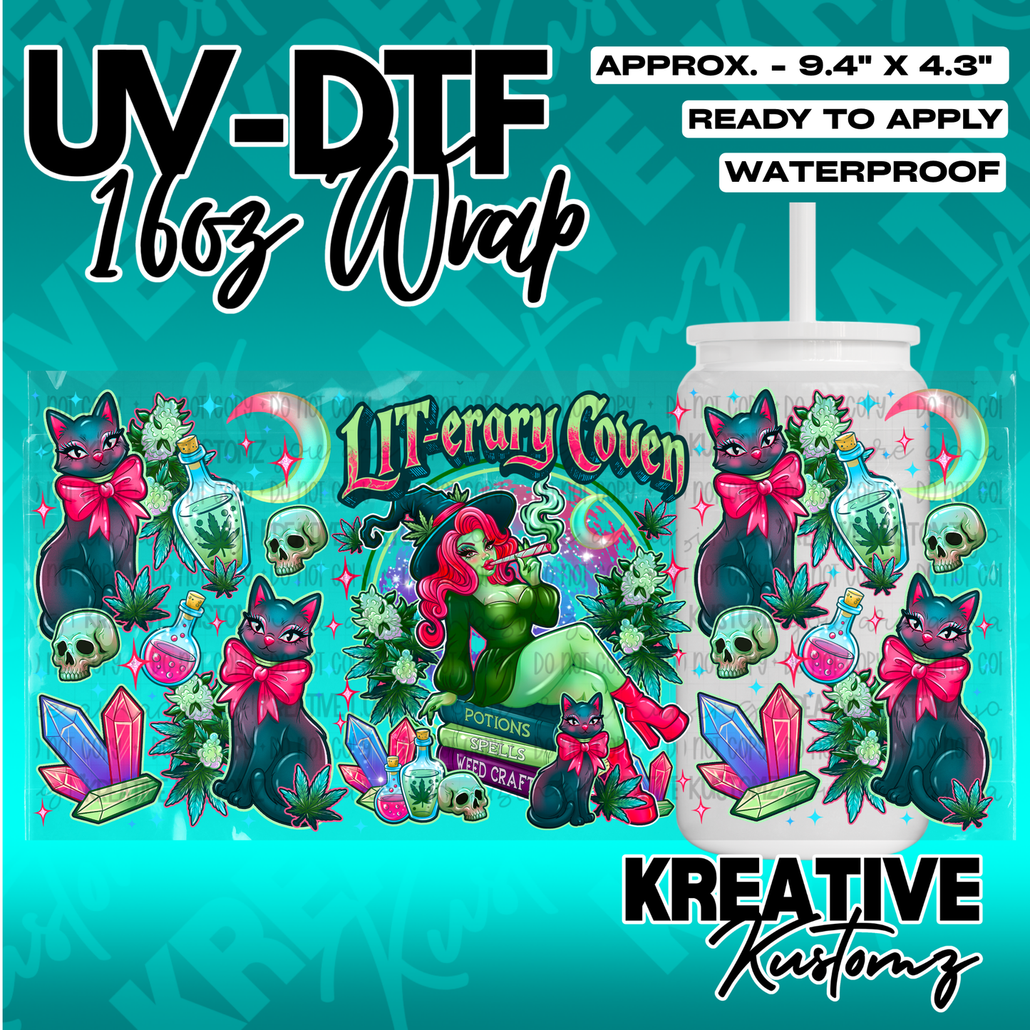 A UV DTF adhesive wrap for a 16oz glass cup featuring a witch, black cats, and magical items.